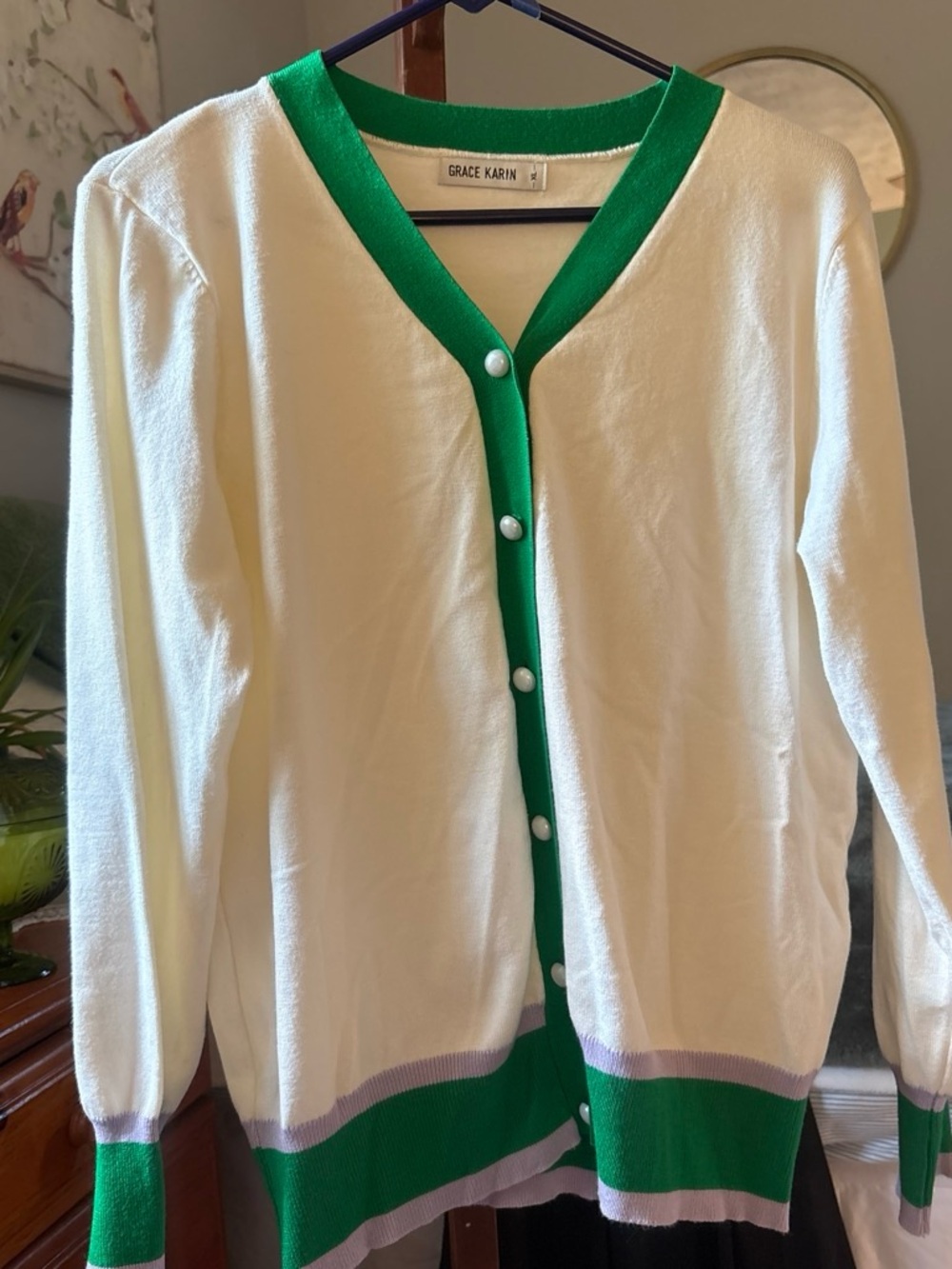 Grace Karin Women's Cream Cardigan with Green lavender Trim